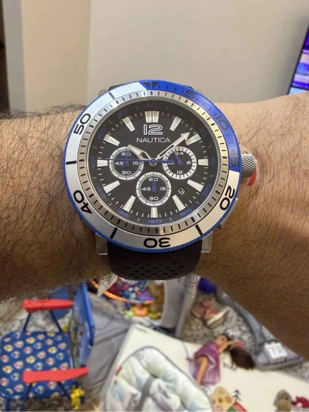 Nautica NST 101 Mens Chronograph Watch Blue Silver Bezel Black Strap N14N05